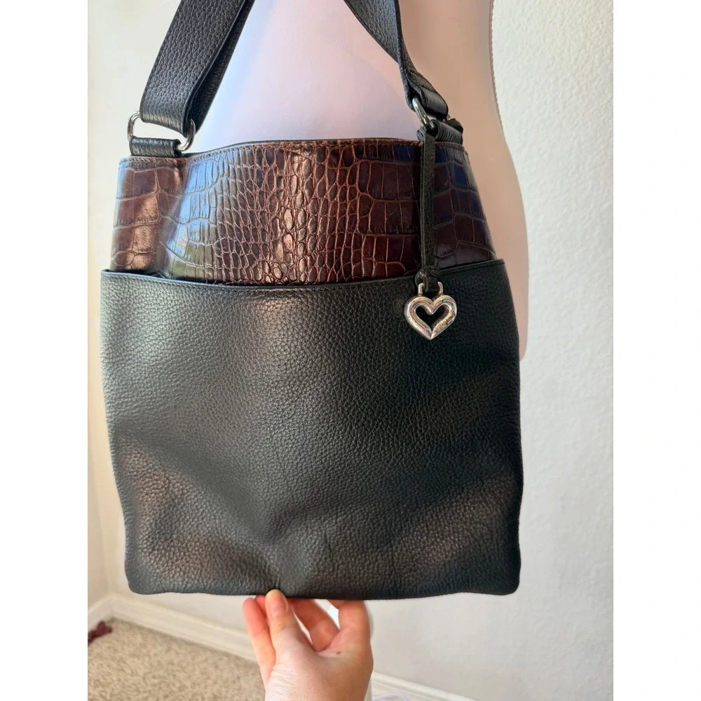Brighton Black Brown Leather Croc Embossed Crossbody Bag E297898